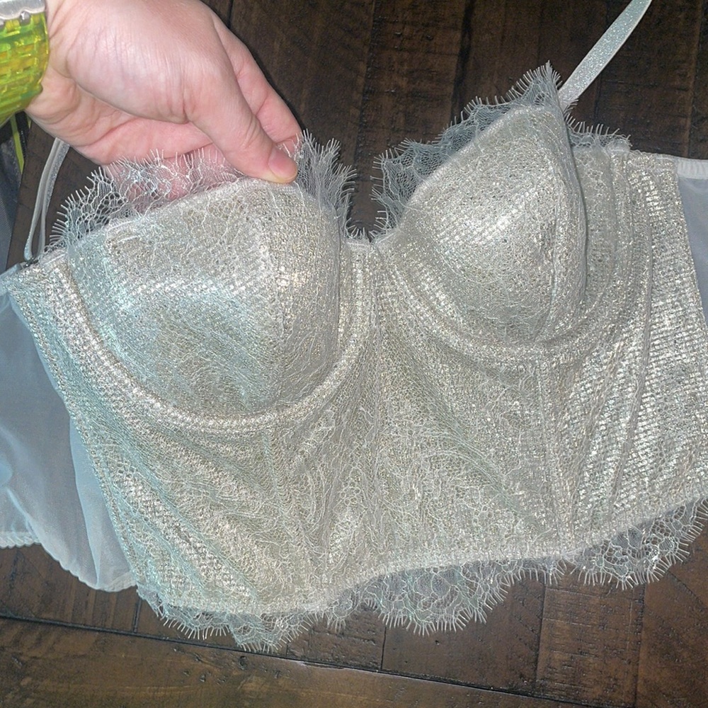 VS Lingerie Champagne Fringe Lace Corset with sheer backing